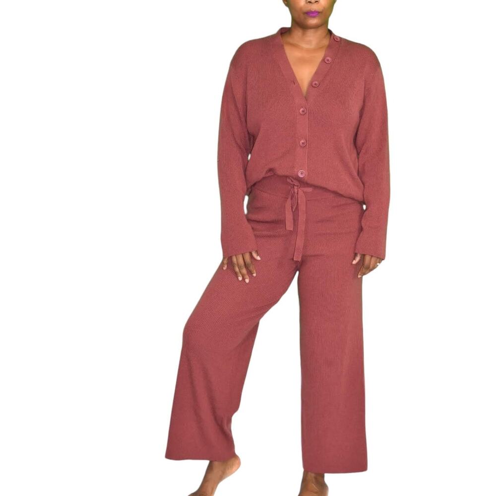 Mila Owen Jumpsuit Orange Ribbed Sweater Knit Straight Leg One Piece Stretch XS